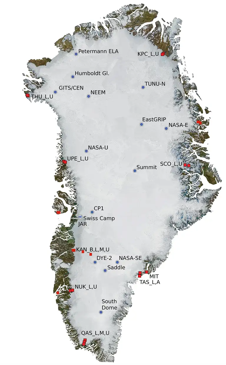 Kort over klimastationer på Indlandsisen. 