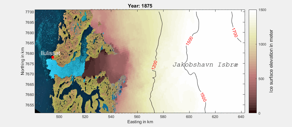 The Jakobshavn Isbrae in Western Greenland has been retreating for more than 130 years as illustrated in this animation. (Credit: DTU Space)
