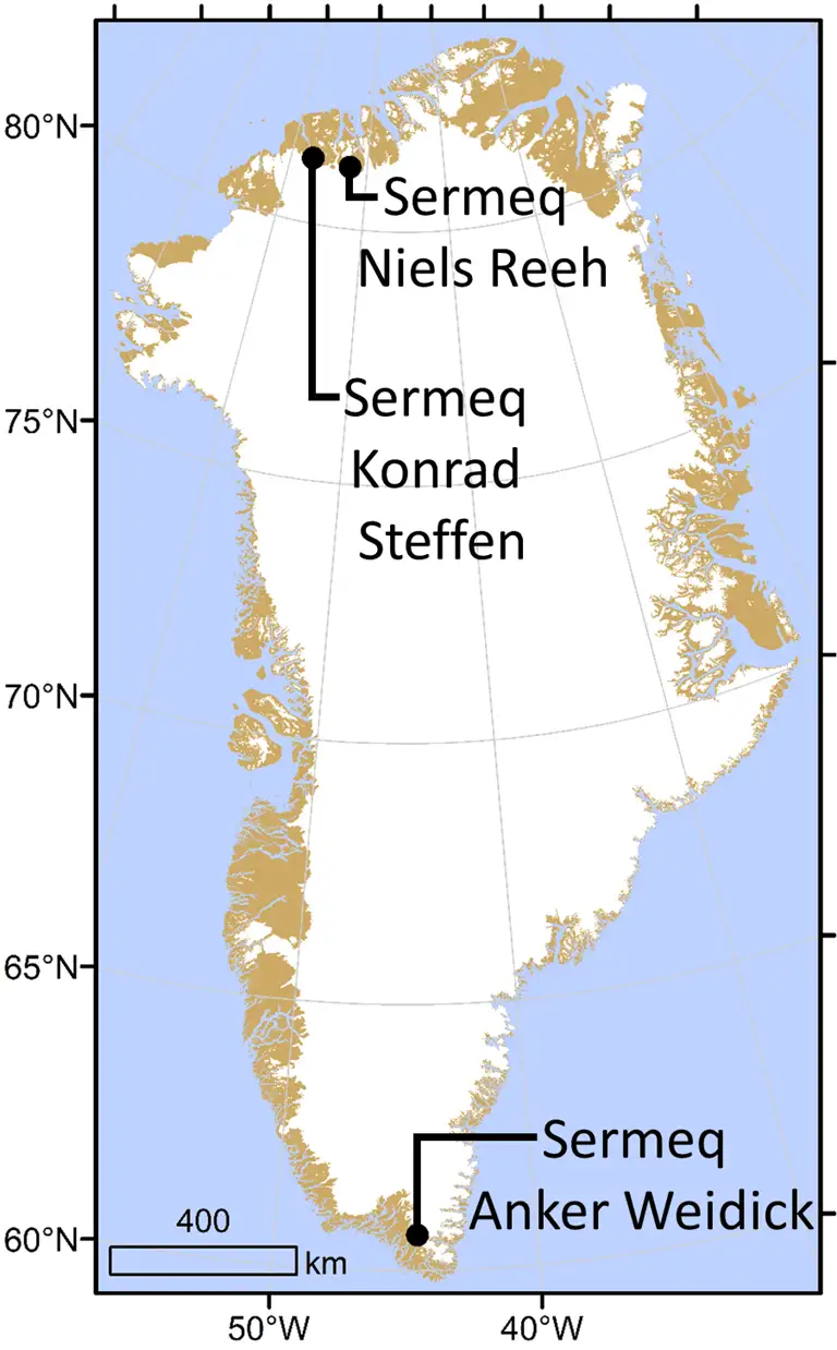 Kort over Grønland der viser de tre gletsjere