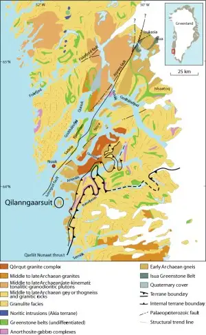 Map of the area surrounding Qilanngarssuit island, west of Buksefjorden, southern West Greenland.