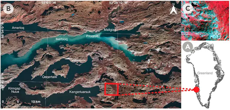 coordinate specifications of examined area on a map of Greenland