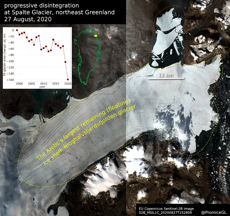 Optical satellite image shows the ice lost the past two years from the part of the Nioghalvfjerdsfjorden Glacier called Spalte Glacier that calves into Djimphna Sund.