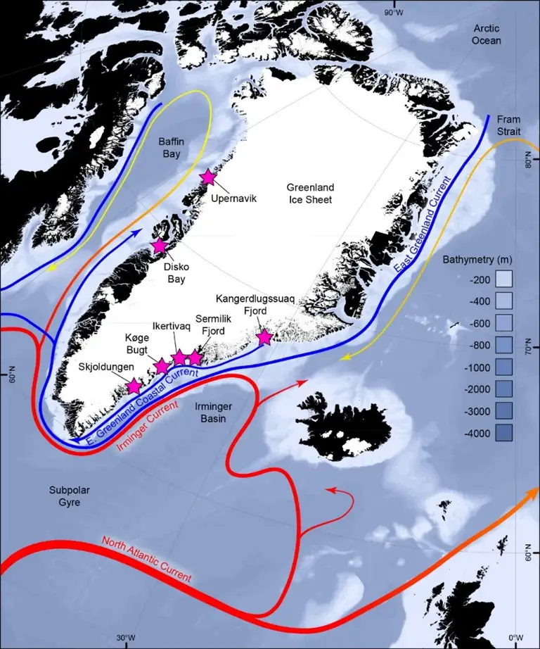 Map showing currents and Bathymetry in metres
