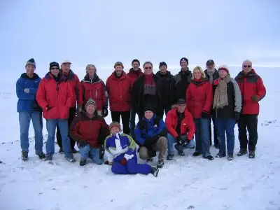 The participants of the workshop standing on the margin of the Inland Ice near Kangerlussuaq.