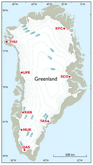 The eight areas on the Greenland ice sheet where the PROMICE-operated weather stations are located