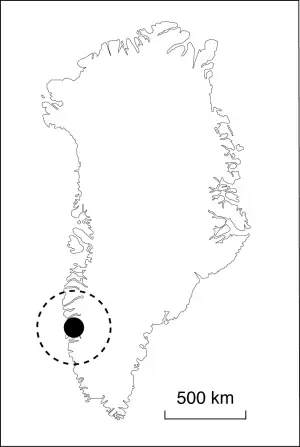 Black circle on map shows the location of the meteorite impact structure near the town Maniitsoq in Greenland.